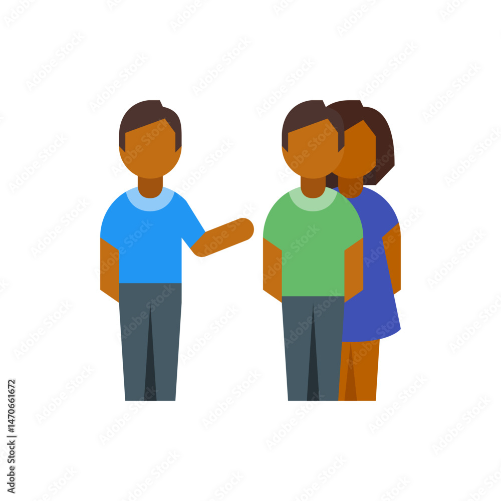 Illustration of three people with brown skin and simple clothing standing together in a group setting Illustration of three people with brown skin and simple clothing standing together in a group setting