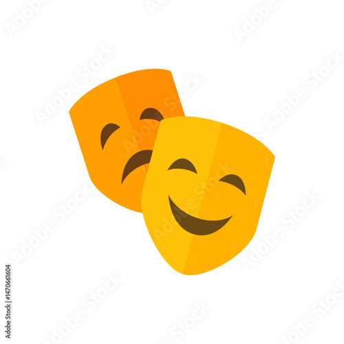 Two theater masks one happy yellow and one sad orange representing drama and emotions on a white background