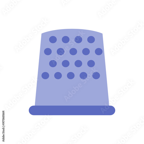 A periwinkle thimble with darker blue holes arranged in rows and a darker blue rim at the base of it