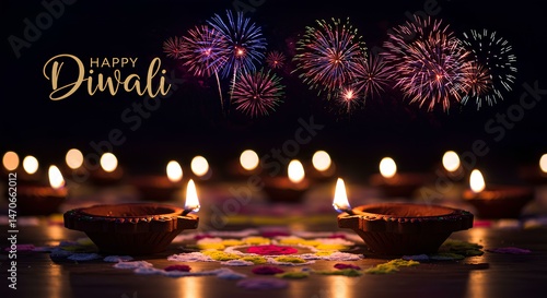 A vibrant promotional poster for Diwali, featuring traditional oil lamps (diyas) glowing brightly with fireworks in the background and colorful rangoli patterns on the floor.