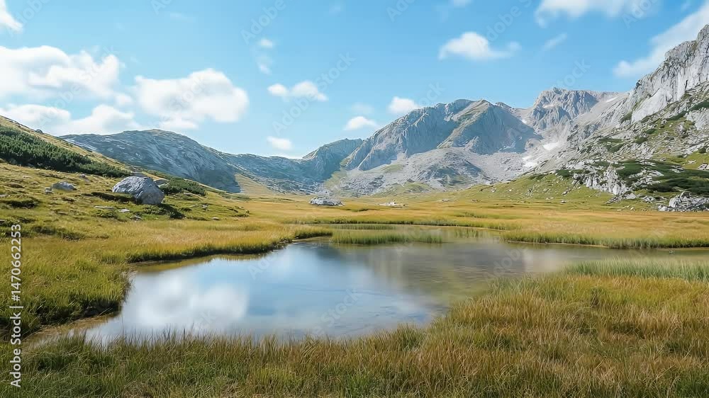 Tranquil Alpine Lake Reflecting Mountain Peaks Under Clear Blue Sky in a Grassy Valley Tranquil Alpine Lake Reflecting Mountain Peaks Under Clear Blue Sky in a Grassy Valley