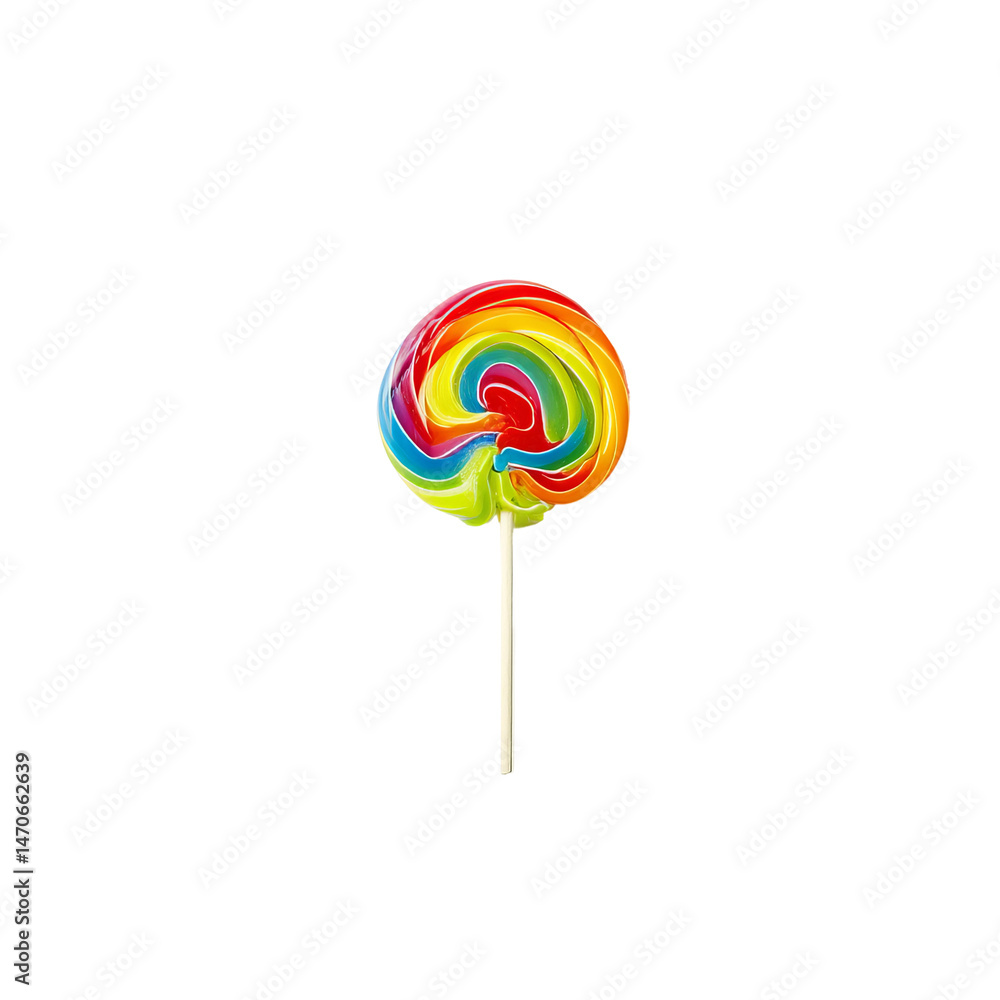 A vibrant rainbow lollipop on a stick, swirled with multiple colors A vibrant rainbow lollipop on a stick, swirled with multiple colors