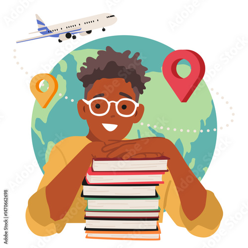 Happy smiling nerd teenage boy student character enjoying educational exchange program cartoon scene