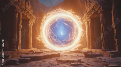 A magical portal opening in the middle of an ancient temple glowing vortex unknown adventure beyond. [Vortex Temples] | Gale Shrine | wind-carved altar. Illustration
