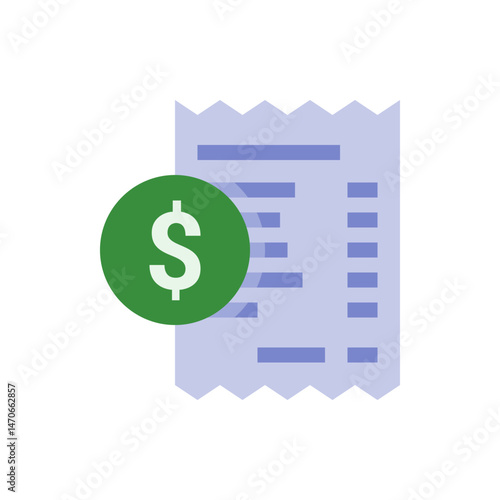A green dollar sign coin overlaying a light purple receipt with jagged edges and horizontal lines of text