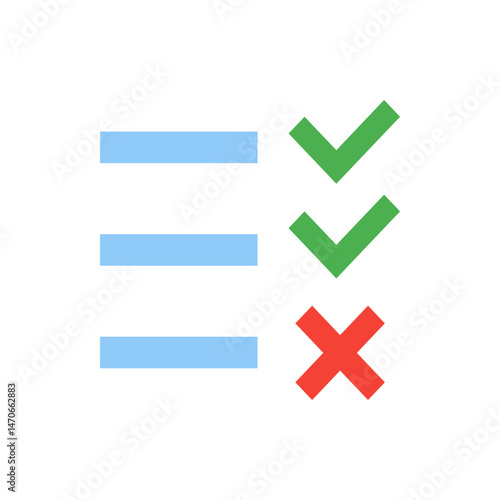 Illustration showing horizontal blue bars with green check marks and a red x mark on a white background