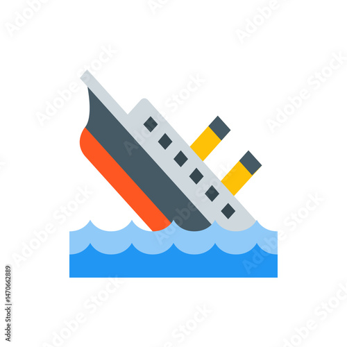 Illustration of a sinking ship with orange, gray, and white colors in blue water with two yellow funnels