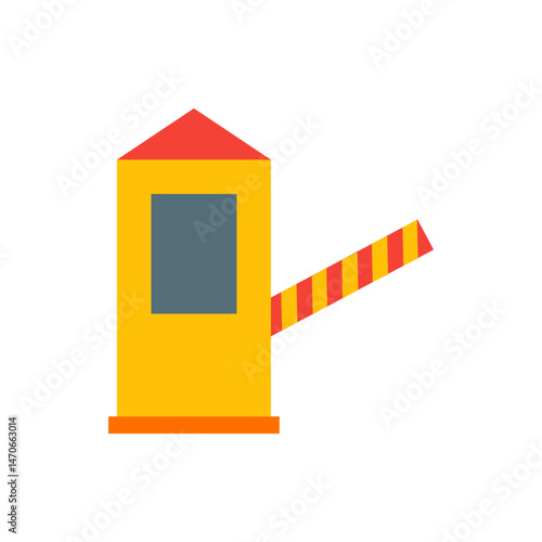 Illustration of a yellow toll booth with a red roof and a striped barrier arm on a white background