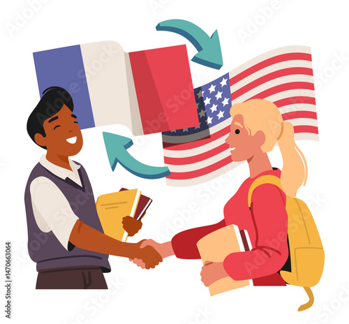 French and American students handshaking over national flag emblem on background cartoon scene