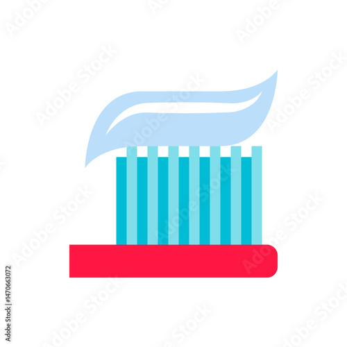 Illustration of a toothbrush with blue bristles and toothpaste on a red base, dental hygiene concept