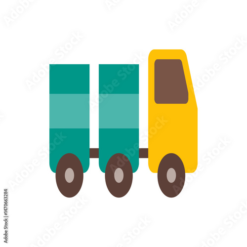 A simple cartoon style illustration of a yellow truck with three teal colored cylindrical containers attached
