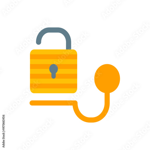 Illustration of an unlocked padlock with a gray shackle and a connected orange ball design element