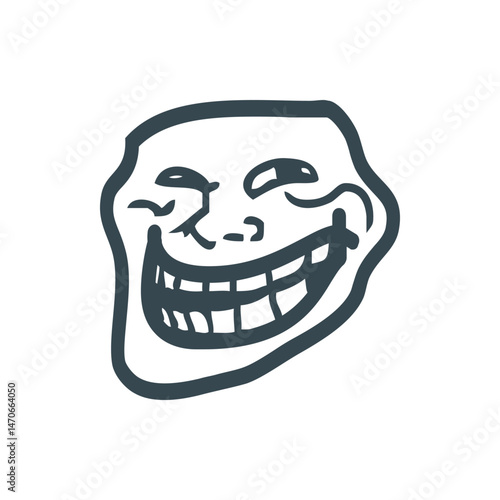 Cartoonish depiction of a troll face with a mischievous grin and exaggerated features in a simple style