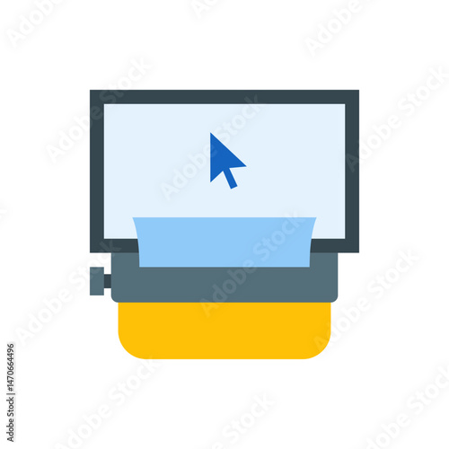 Illustration of a monitor with a blue cursor and a light blue sheet of paper coming out of it on a desk