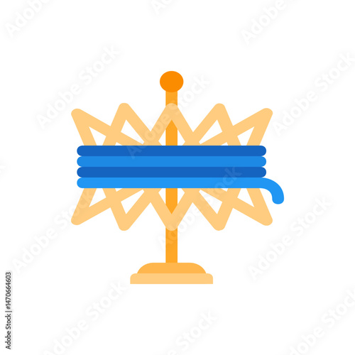 Illustration of a yarn winder with blue yarn wrapped around a tan frame and a tan stand and top ball