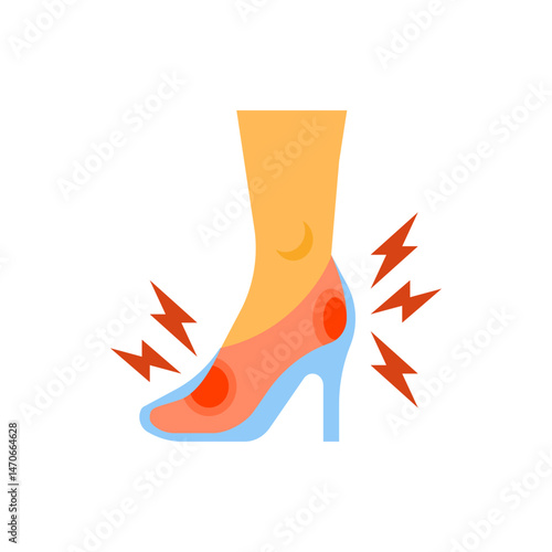 Illustration of a foot in a high heel shoe with pain indicators around the foot and heel area shown