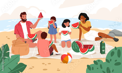 Summer family picnic on beach cartoon scene with happy parents and children resting together