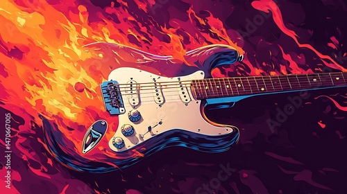 Electric guitar in fire flames