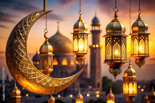 Golden Crescent And Lanterns With Mosque In The Background