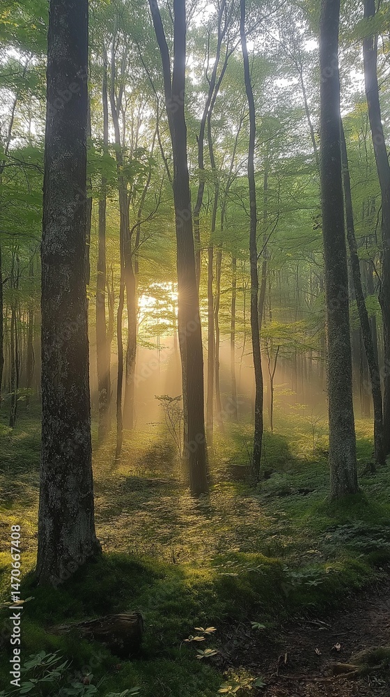 Fototapeta premium Serene Misty Forest Sunlight Vertical Wallpaper Tranquility