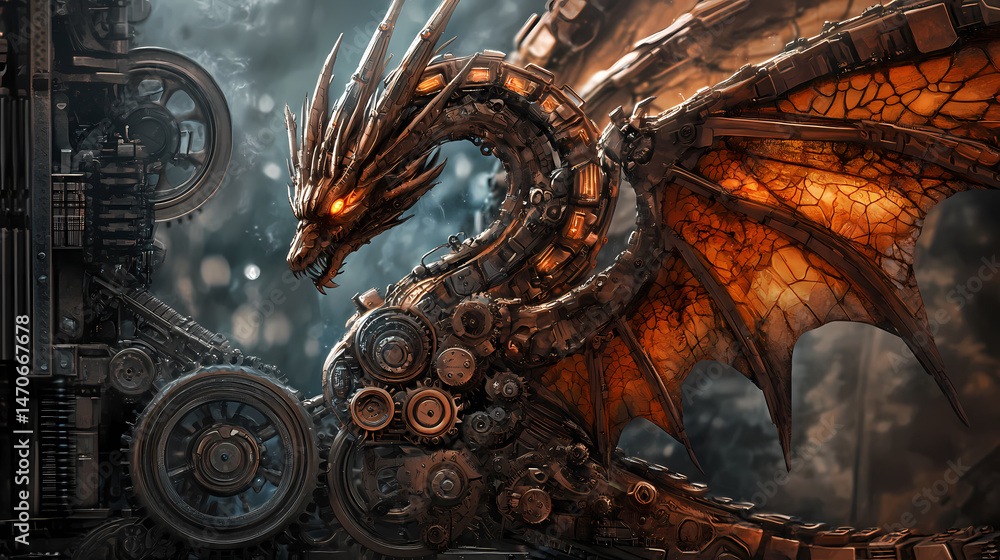 Obraz premium Majestic steampunk dragon highlighting mechanical design with complex gear background. [Mechanical Folklore] | Gears of Lore | spinning tale. Illustration