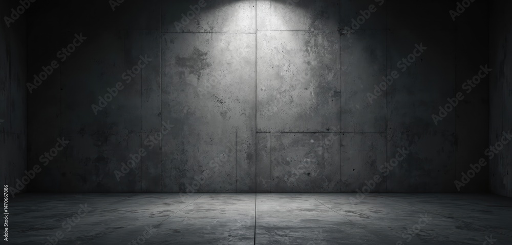Dark concrete room with spotlight. Grunge texture on wall, floor. Shadows cast by spotlight creates mysterious, moody, minimalist atmosphere. Urban, industrial interior design. Dark concrete room with spotlight. Grunge texture on wall, floor. Shadows cast by spotlight creates mysterious, moody, minimalist atmosphere. Urban, industrial interior design.