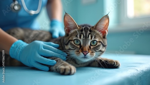 Cat examined vet surgery. Veterinary doctor in blue gloves touches cat, checks health, provides treatment on table. Domestic pet checkup, health care, pet care, medicine. Animal hospital clinic visit.