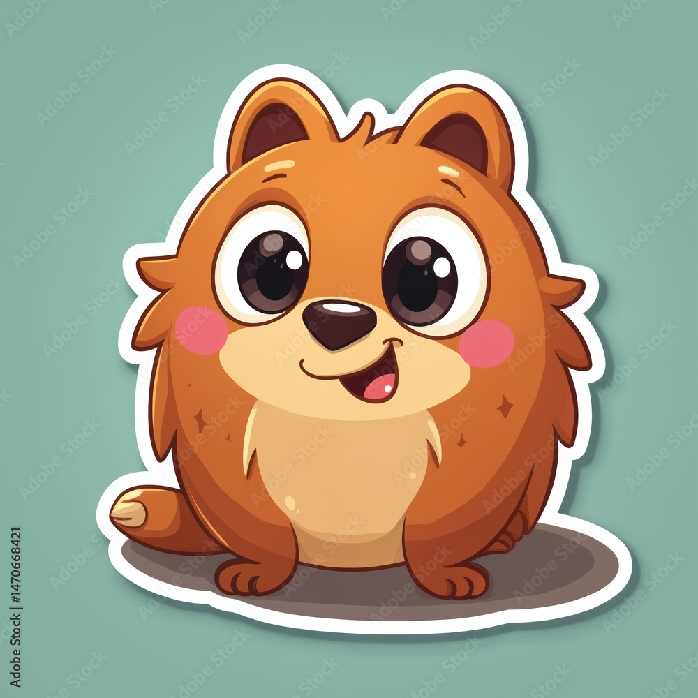 Fototapeta premium Cute sticker of cartoon animal. Friendly character has big eyes, pink cheeks. Round furry body. Positive emotion. Ideal for kids designs, logo, print, sticker, poster, decor.