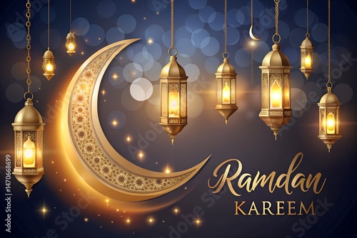 High End Ramadan Banner With Crescent And Hanging Lanterns