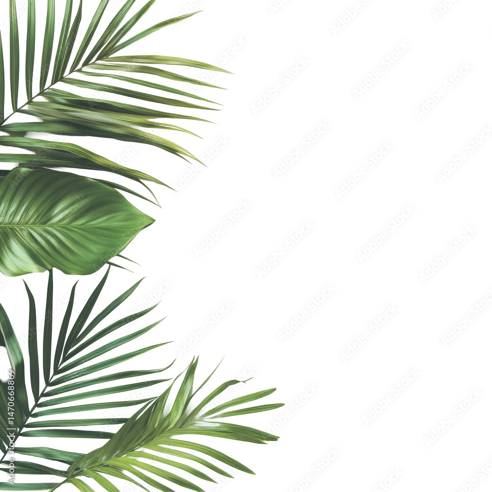 A collection of diverse green palm leaves arranged elegantly on a light background for a natural, fresh ambiance, frame picture with green leaf of palm tree on transparent backgroundfile A collection of diverse green palm leaves arranged elegantly on a light background for a natural, fresh ambiance, frame picture with green leaf of palm tree on transparent backgroundfile