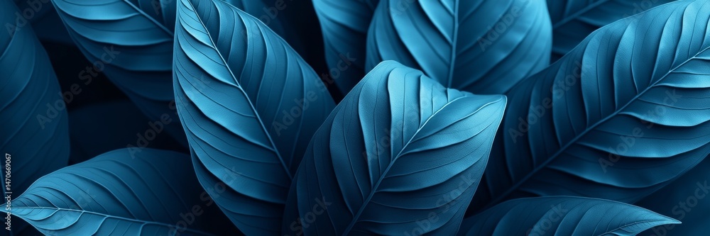 Obraz premium Hyperrealistic closeup digital artwork of overlapping dark blue leaves with textured veins and soft lighting