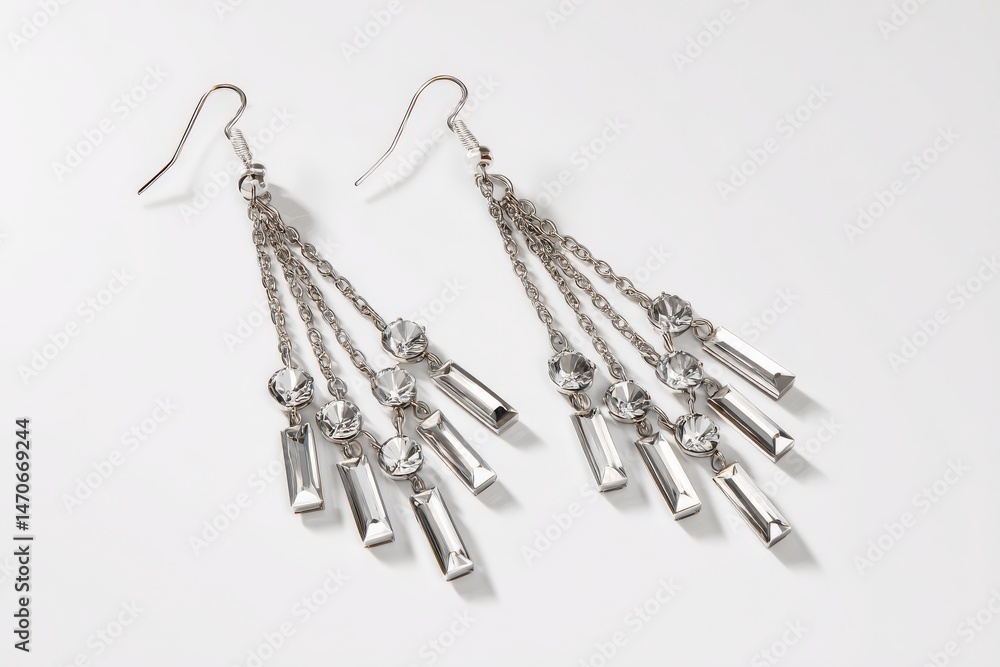 Elegant silver dangle earrings adorned with sparkling crystals. Elegant silver dangle earrings adorned with sparkling crystals.