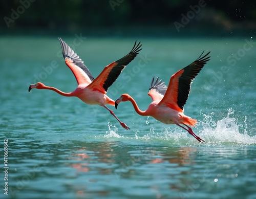 Two flamingos in flight over shimmering turquoise water. The birds show graceful motion. Vibrant pink feathers contrast with black wings. Splashes create dynamic aquatic scene.