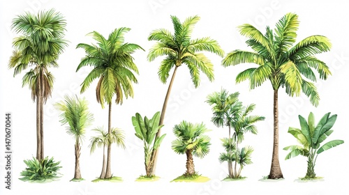 Tropical Banana Palms and Palm Leaves on White Background