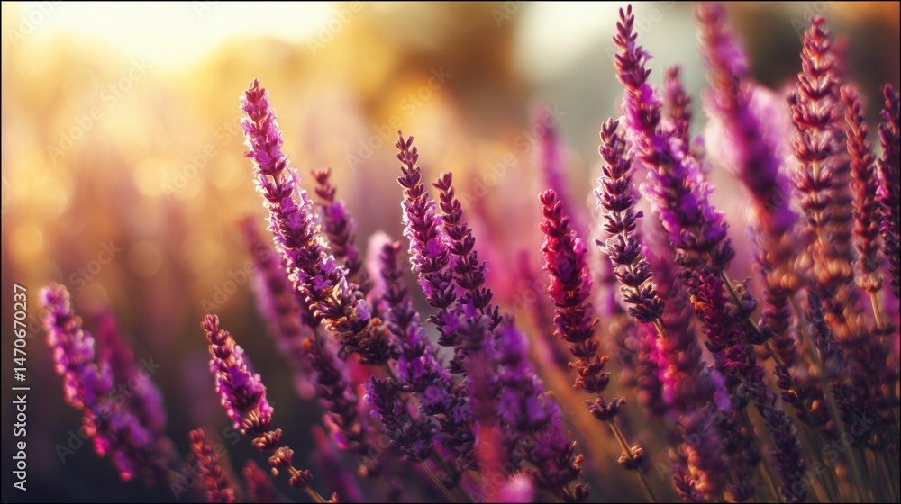 Fototapeta premium Lavender flowers blooming in a soft sunset glow 
