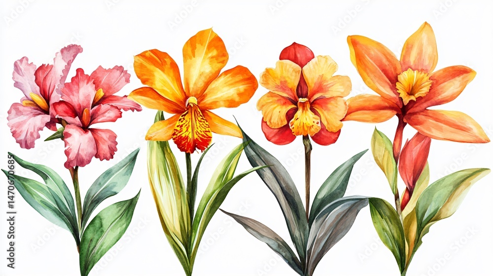 Fototapeta premium Exotic Tropical Flowers Set with Cardamom, Orchid and Tillandsia