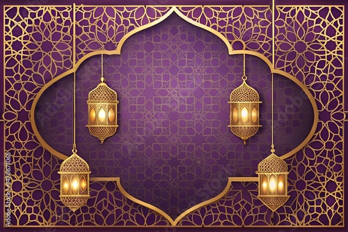 Islamic Pattern Border In Gold And Purple With Hanging Lanterns