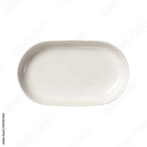 A simple, elegant, oval-shaped plate. The plate is pristine and smooth, perfect for culinary creations.
