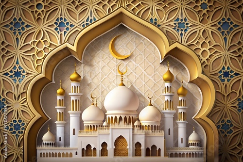 Layered Papercut Style Islamic Arches With Gold Trim