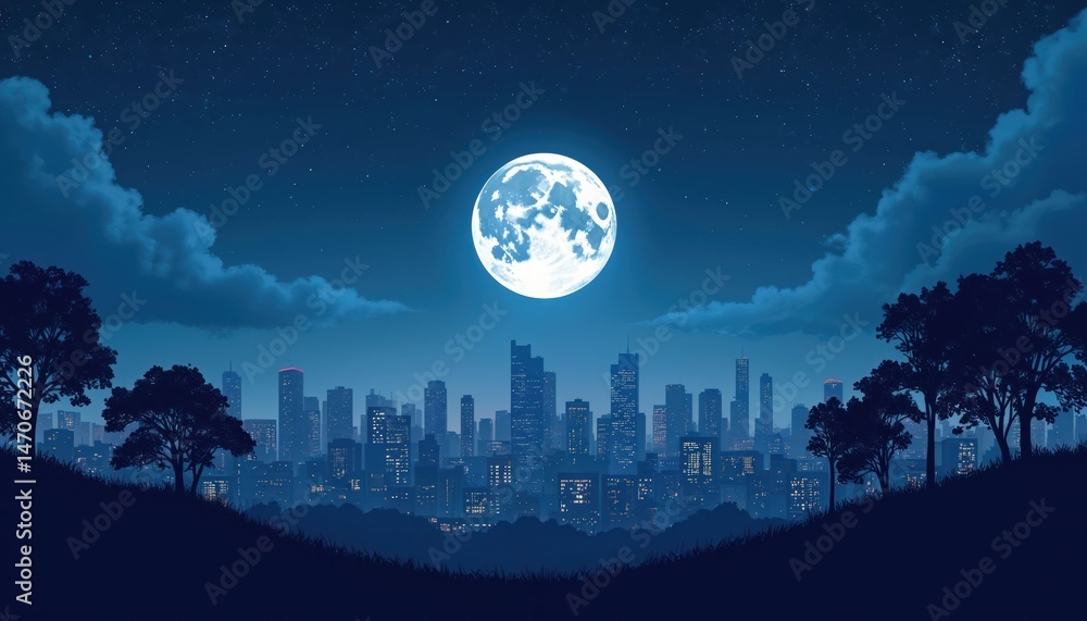 Fototapeta premium Night cityscape featuring full moon, star-filled sky. Dark blue urban scenery with city skyline, skyscrapers silhouettes, glowing city lights, trees. Nocturnal landscape design, perfect for night