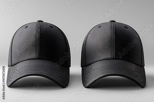 Modern Black Baseball Cap Mockup – Two Identical Hats Side by Side on Gray Background for Apparel Branding and Product Display

