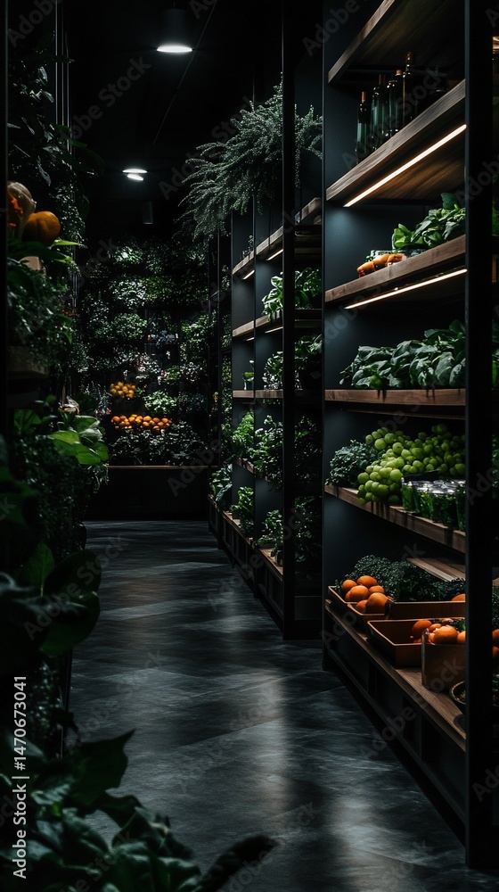 Fototapeta premium Dark, modern grocery store aisle filled with fresh produce, greenery, and wooden shelving
