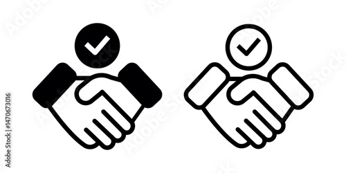 Handshake with checkmark line and filled icon. Partnership deal symbol. Agreement,  contract verification pictogram. Trust and business cooperation vector illustration. Investors meeting