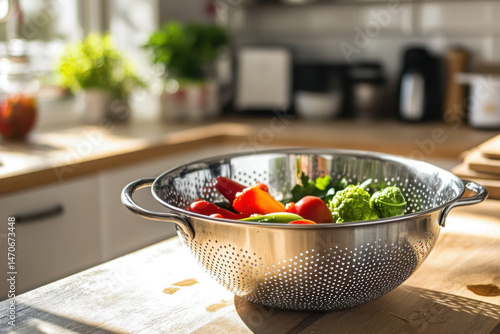Stainless steel colander holding fresh vegetables in modern kitchen