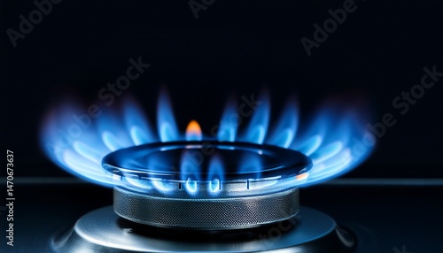 natural gas burning on the stove blue flame on a black background