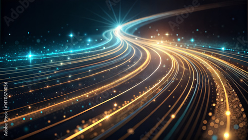 Abstract light trails in blue and gold flowing on dark background