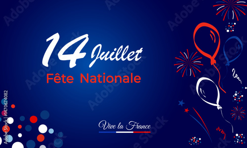 A festive banner for July 14, Bastille Day, with French flags, balloons ,fireworks and confetti on a blue background. The text reads FETE NATIONAL and VIVE LA FRANCE in patriotic colors. Vector image
