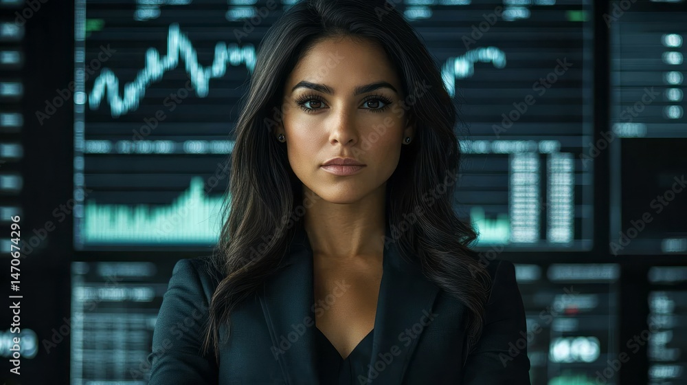 Fototapeta premium Confident woman in front of financial data displays.