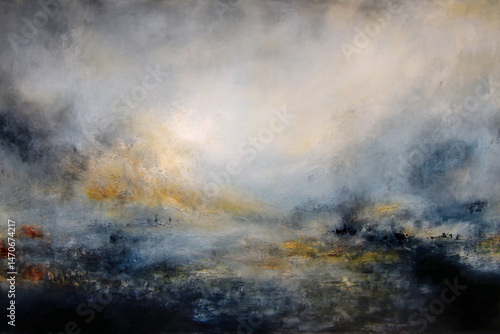 Wallpaper Mural Abstract Dreamscape:  A mesmerizing abstract painting, characterized by a vast, ethereal landscape painted in muted hues of blue, gray, and gold. Torontodigital.ca