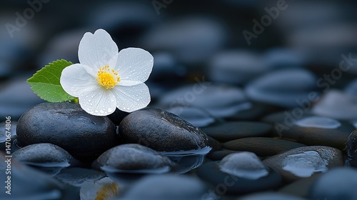 Delicate white flower with a bright yellow center rests on dark, wet river stones, creating a soothing and tranquil